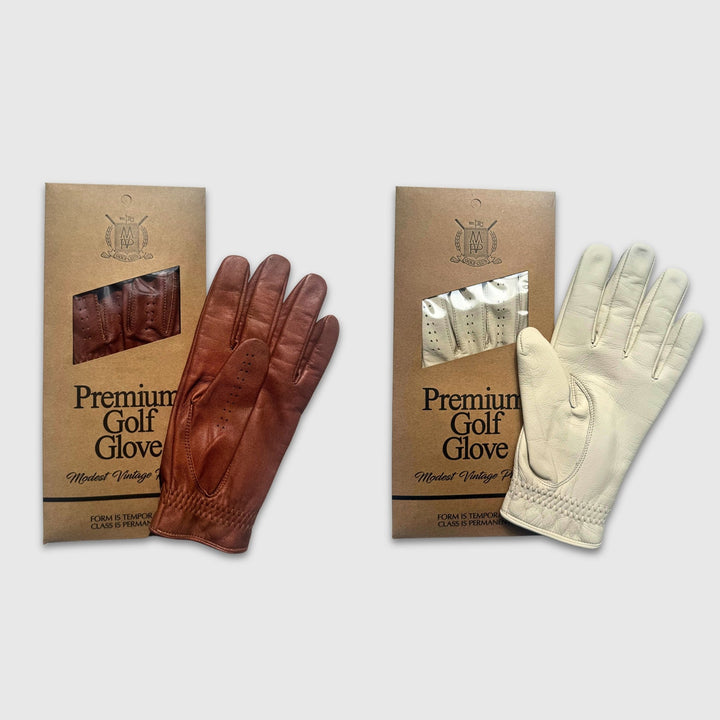 ELITE Cabretta Leather Golf Gloves - Cream & Brown (2 Pack) - MODEST VINTAGE PLAYER LTD