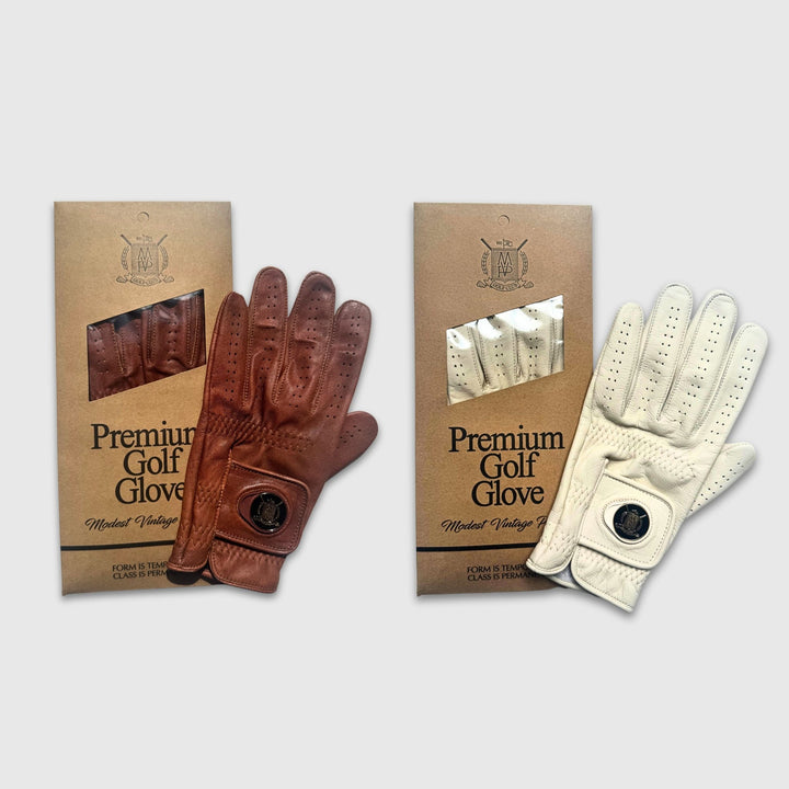 ELITE Cabretta Leather Golf Gloves - Cream & Brown (2 Pack) - MODEST VINTAGE PLAYER LTD
