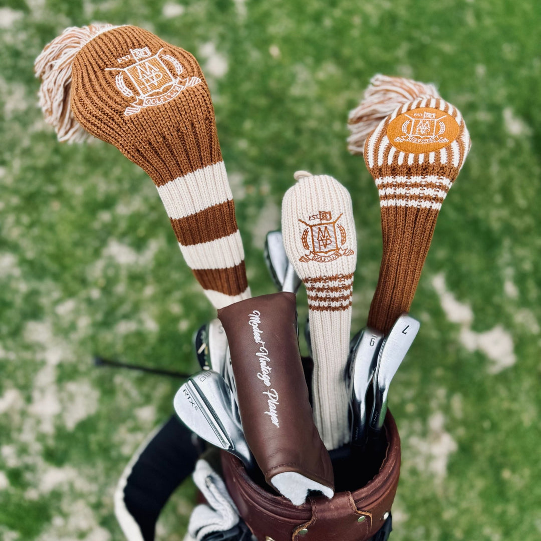 Wool Knit Golf Covers Set - Cream / Brown - MODEST VINTAGE PLAYER LTD