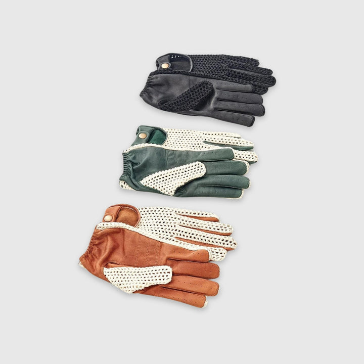 Crochet Knit Leather Driving Gloves - Brown - MODEST VINTAGE PLAYER LTD