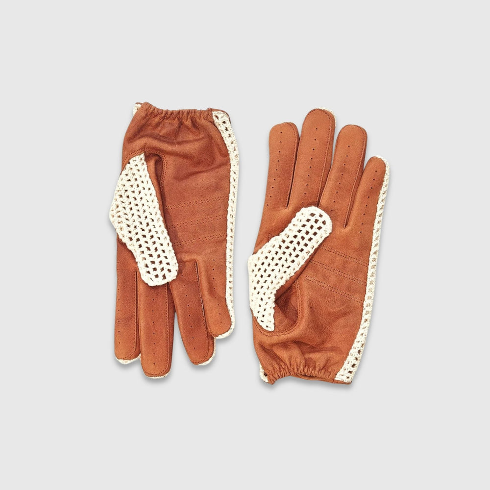Crochet Knit Leather Driving Gloves - Brown - MODEST VINTAGE PLAYER LTD