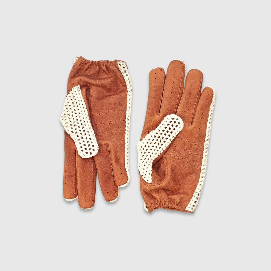 Crochet Knit Leather Driving Gloves - Brown - MODEST VINTAGE PLAYER LTD