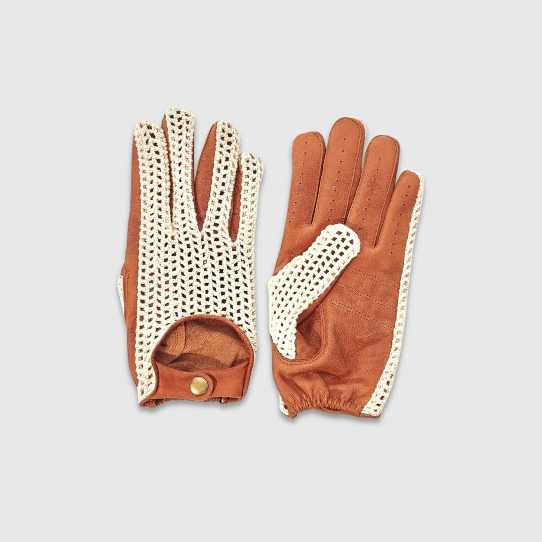 Crochet Knit Leather Driving Gloves - Brown - MODEST VINTAGE PLAYER LTD