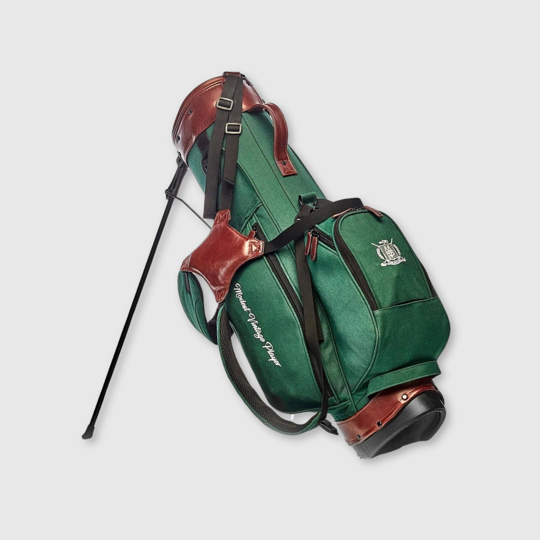 Green Canvas / Leather Golf Bag - Stand - MODEST VINTAGE PLAYER LTD