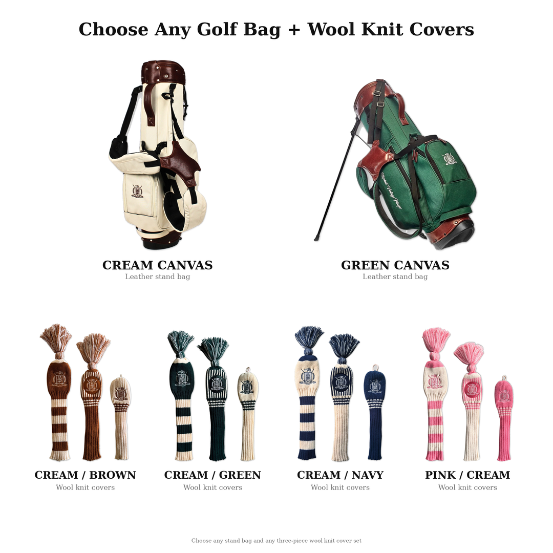 The Clubhouse Set — canvas golf stand bag with wool knit head covers