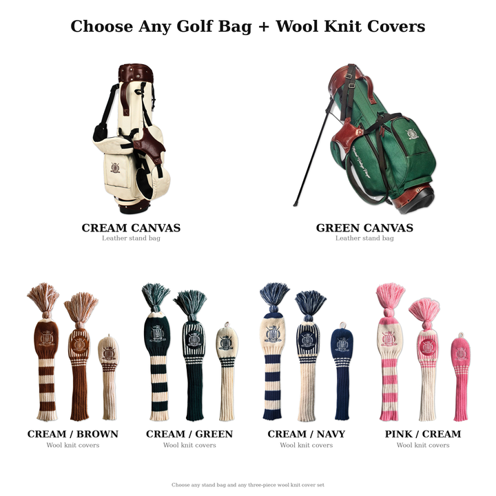 The Clubhouse Set — canvas golf stand bag with wool knit head covers