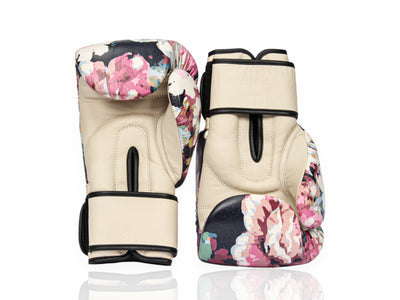 PRO Floral Leather Boxing Gloves (Strap Up) Cream