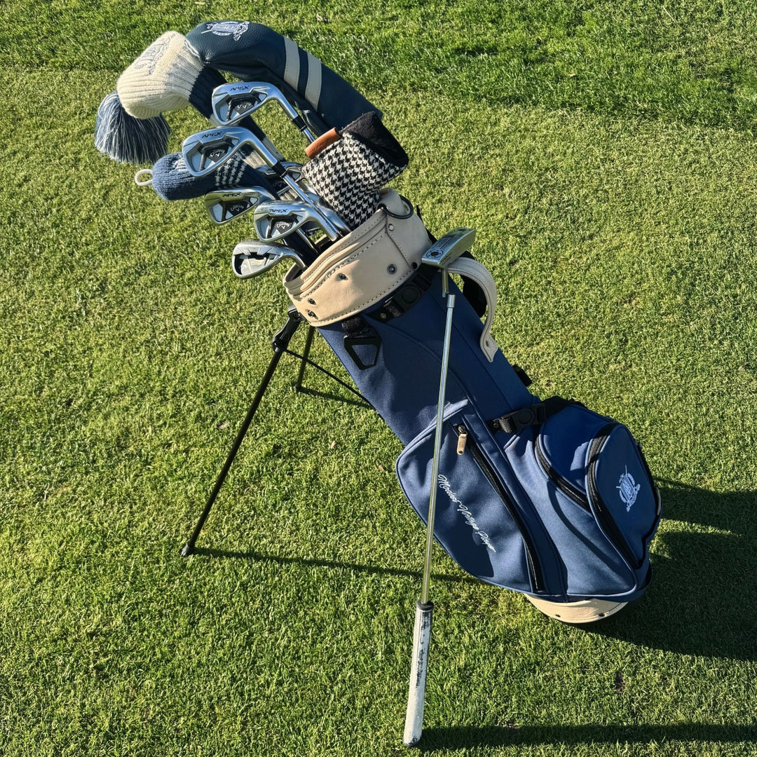 Navy Blue Canvas / Cream Leather Golf Bag - Stand - MODEST VINTAGE PLAYER LTD
