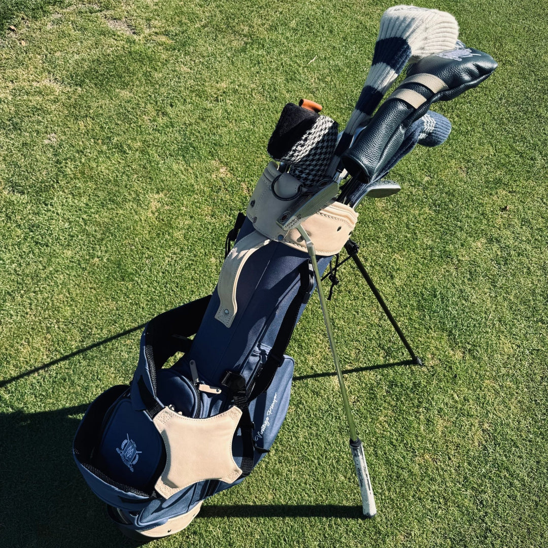 Navy Blue Canvas / Cream Leather Golf Bag - Stand - MODEST VINTAGE PLAYER LTD