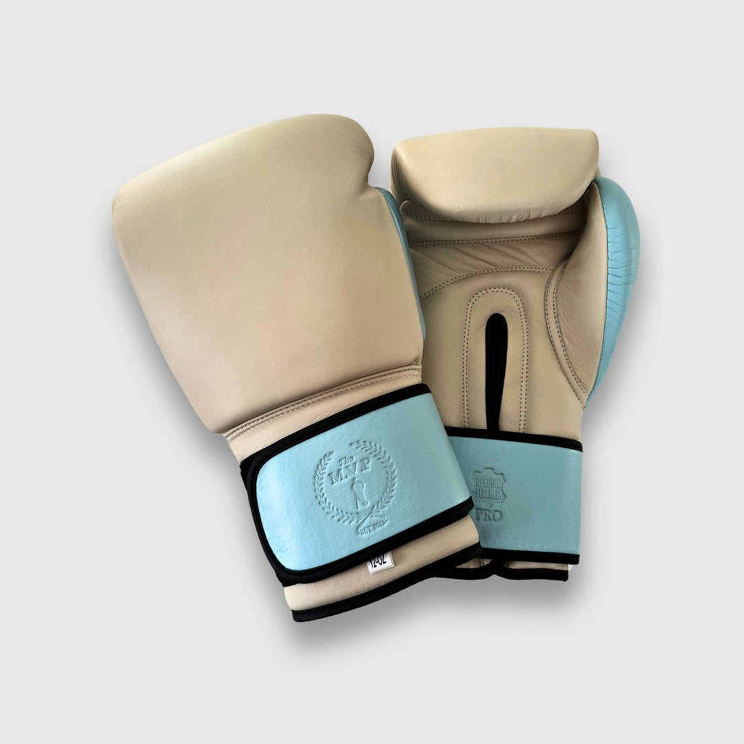 PRO Cream / Baby Blue Leather Boxing Gloves (Strap Up), one of the glove choices in the PRO Boxing Bundle