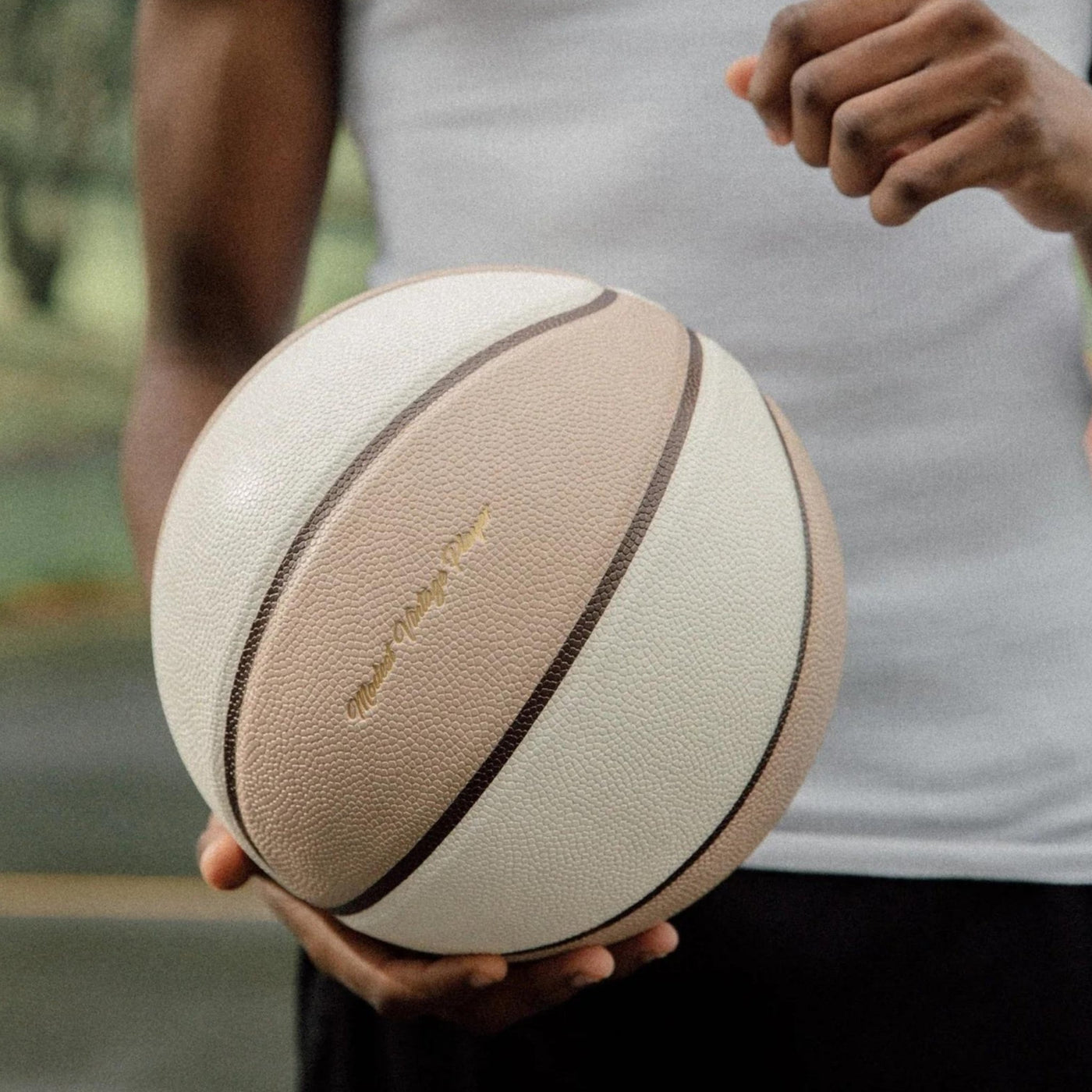 Off White / Beige + Brown Trim Leather Basketball - MODEST VINTAGE PLAYER LTD