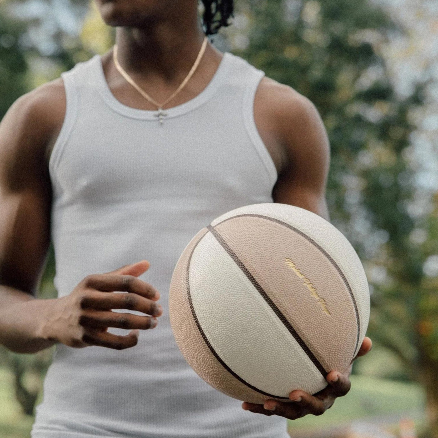 Off White / Beige + Brown Trim Leather Basketball - MODEST VINTAGE PLAYER LTD