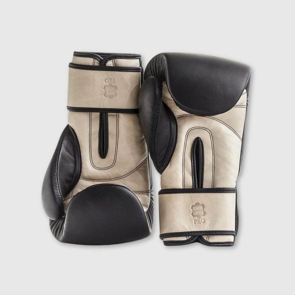 PRO Black / Cream Leather Boxing Gloves (Strap Up) - MODEST VINTAGE PLAYER LTD
