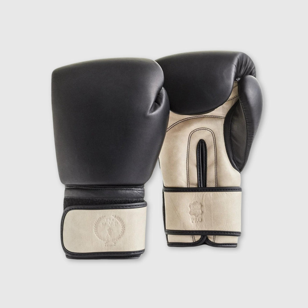 PRO Black / Cream Leather Boxing Gloves (Strap Up) - MODEST VINTAGE PLAYER LTD